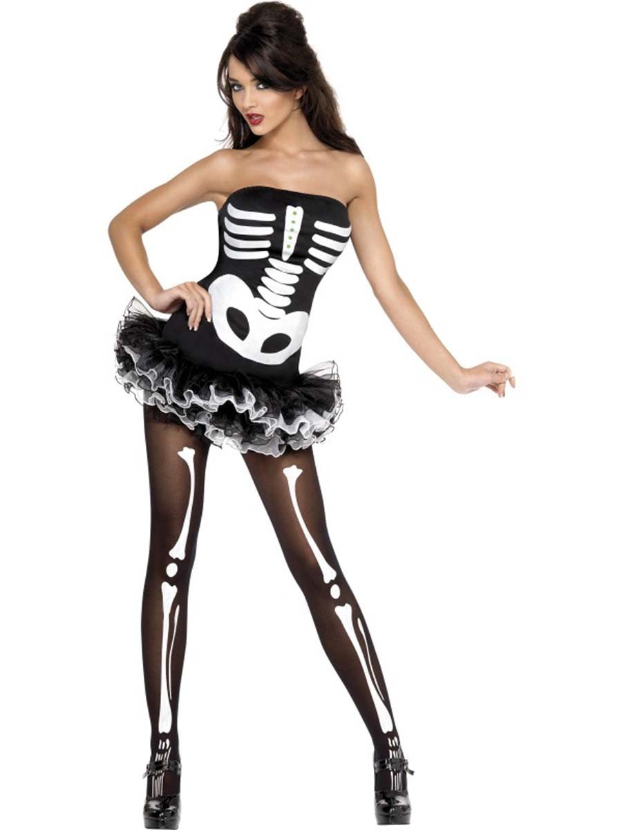 Halloween Kostüm sexy Skelett Hexe Zombie Tod MIT STRÜMPFEN Gr. 36 38 40 
